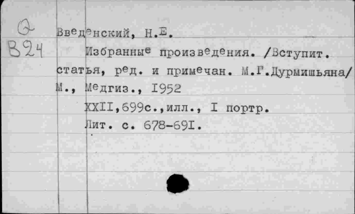 ﻿ДведРнскиМ, Н.ь.
Избранны« произведения. /Вступит, статья, ред. и примечая. М.Г.Дурмишьяна/ М., Медгиз., 1952
КХИ, 699с., илл., I портр.
Лит. с. 678-691.